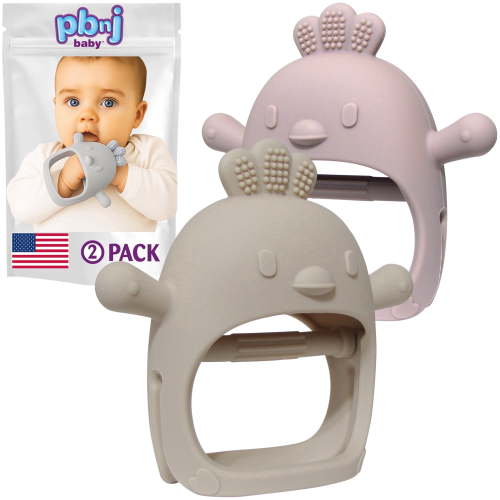 PBnJ Baby Silicone Teething Mitten for Infants and Toddlers, Beige and Pink, 2 Pack
