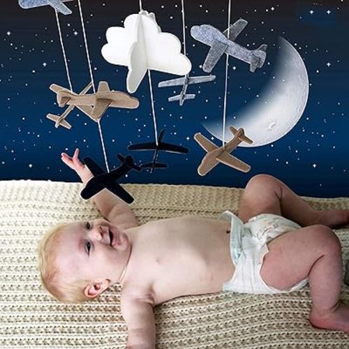 Crib Mobile Airplanes Cloud Nursery Decoration Grey and White, Navy Blue, Tan Baby Crib Mobile for Boys