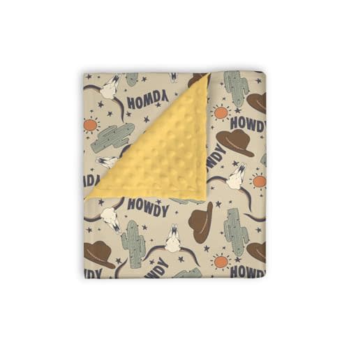 Mink Baby Boy Girl Blanket Western Howdy Cowboy Cowgirl, Boho Cactus Sun Cow Skull Hat Soft Double Layer Dotted Backing Receiving Swaddle, Newborn Infant Toddler Nursery Crib Bedding Shower Gift 30x40