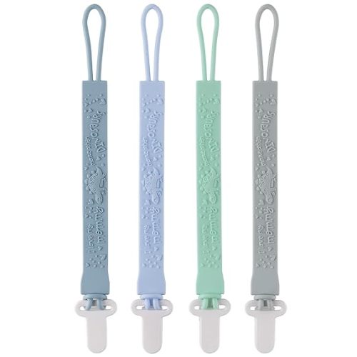 4-Pack Silicone Pacifier Clips with One-Piece Beads for Baby Boys and Girls - Flexible and Rust-Free Holders for Teething Relief and Baby Essentials, Safe for Newborns (Grey)