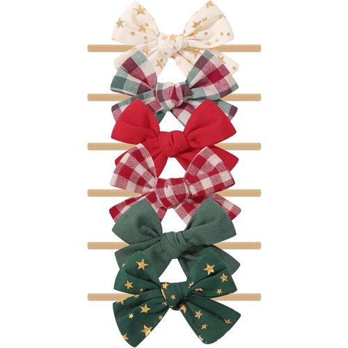 doboi 6PCS Christmas Baby Girls Headbands Hair Bows Star Nylon Cotton Linen Hairbands Fine Handmade Hair Accessories for Newborn Infant Toddlers Little Girls