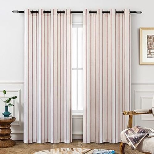 DriftAway Farmhouse Linen Blackout Curtains 84 Inches Long for Bedroom Striped Double Layer Thermal Insulated Sound Reducing Lined Grommet Rustic Drapes for Living Room 2 Panels W52 x L84 Red