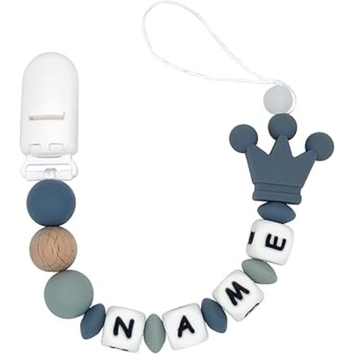Personalized Pacifier Clip with Name for Crown Girls Customized (GreyW)
