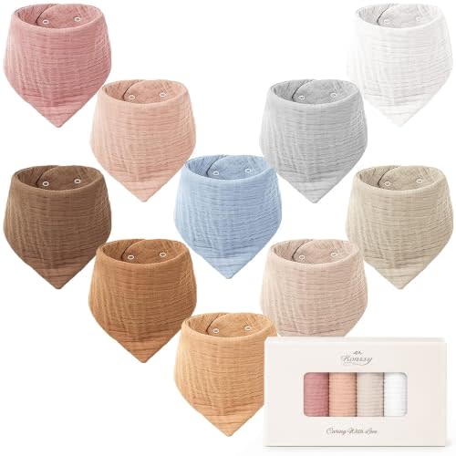 Konssy 10 Pack Baby Muslin Bandana Bibs for Drooling and Teething | 100% Cotton, 6-Layer Bibs, Pre-Washed Soft & Absorbent, Adjustable Neck Fit, Boys & Girls 0-36M