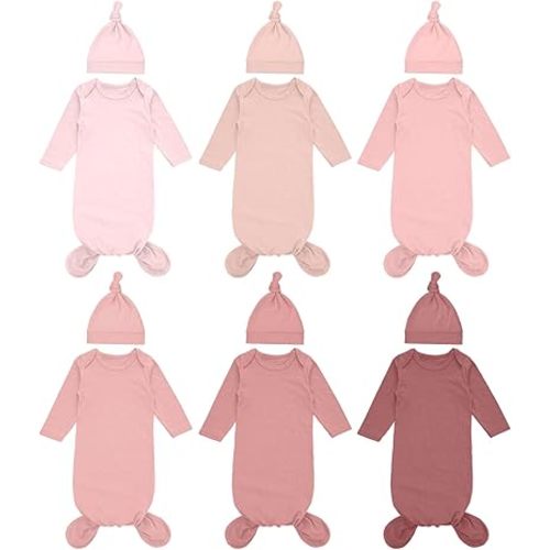 Cuffbow 6 Packs Newborn Baby Knotted Gowns Set 0-6 Months Cotton Sleeper Long Sleeve Nightgown and Hat Set for Infant Baby