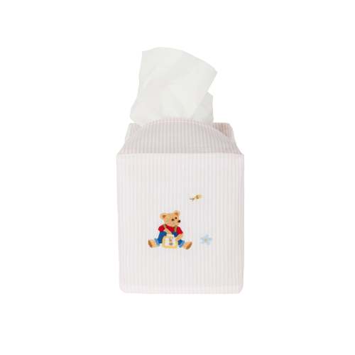 Teddy Bear Embroidered Pink Stripe Tissue Box Cover