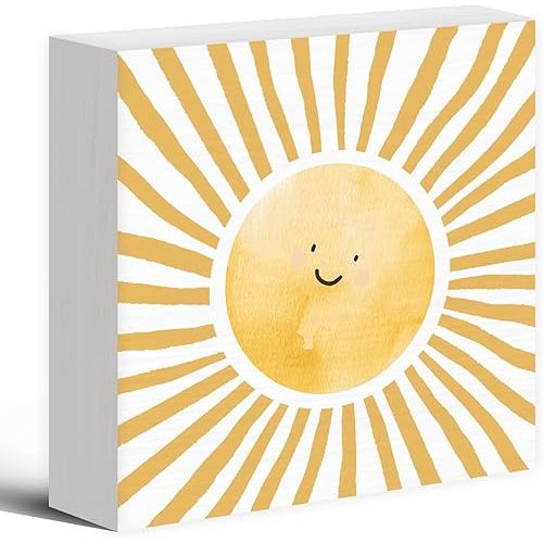 Inspirational Sun Sunshine Wood Box Sign Desk Decor 5X5, Pop Smiles Rustic Farmhouse Wooden Block Sign Decorations for Home Office Girls Dorm Room Nursery Playroom Wall Tabletop Shelf Decor