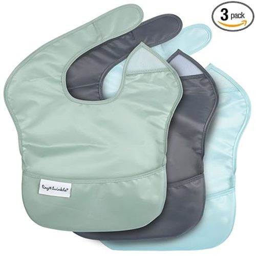 Tiny Twinkle Mess-Proof Baby Bibs for Eating | Waterproof, Wipeable Toddler Bibs with Catch-All Pocket | Feeding Bibs for Girls & Boys(3 Pack,Sage, Charcoal)