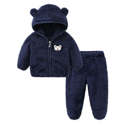 Odeerbi Infant Boys Girls Fall Winter Outfits Flannel Fleece Sherpa Hooded Jacket Pants Set Children Babys Home Lounge Sets Velvet Outerwear Sets Infant Clothes Navy