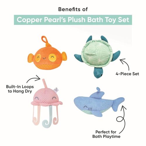Amazon.com: Copper Pearl Plush Bath Toy Set: Huggable Bath Toys for Babies and Toddlers, Floating Bath Toys with Hanging Loops to Dry, Includes Oceana Characters Skip, Finn, Cora & Wade : Toys & Games