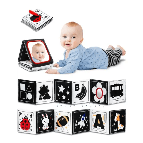 High Contrast Black and White Baby Toys for Newborn 0-6 Months – Contrast Cards & Sensory Baby Book with Mirror – Tummy Time Infant Toys for Visual Stimulation, Early Learning & Brain Development