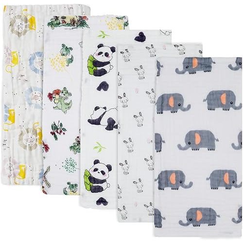 PENG'S M Muslin Burp Cloths 5-Pack 20''x10'' Panda Baby Burping Cloth Set 100% Cotton Washcloths 6 Layers Baby Essentials Super Soft and Absorbent