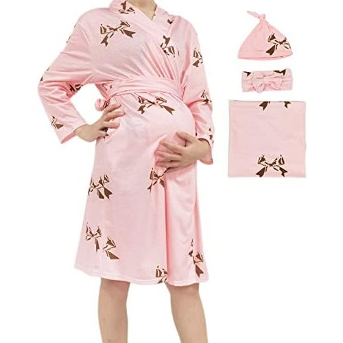 Mommy Robe for Maternity with Matching Swaddle Blanket Girls Boys, Delivery Labor Robe for Hospital Women Dress