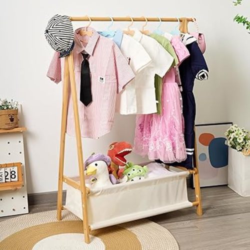 Bamboo Kids Clothing Rack with Storage Box - Foldable,Kids Dress Up Rack with Hooks & Rod, Organize Dress Up Storage & School Uniforms, Perfect for 4-13 Year Olds