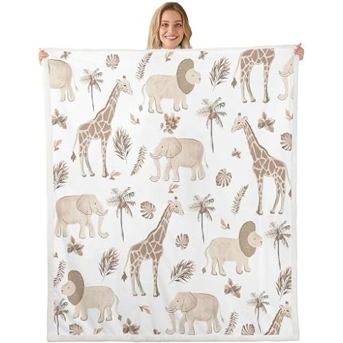 Feelyou Safari Animal Sherpa Blanket Kids Boys Girls Elephant Lion Giraffe Fleece Throw Blanket 40x50 Inches Jungle Animals for Sofa Bed Couch Hunter Brown Rust Wildlife Room Decor