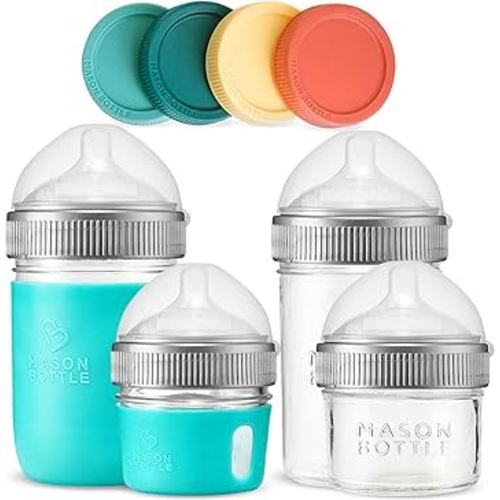 Mason Bottle Baby Glass Bottle & Breastmilk Storage Set – 4-Pack Includes 8oz & 4oz Bottles – BPA-Free, Non-Toxic, Anti-Colic