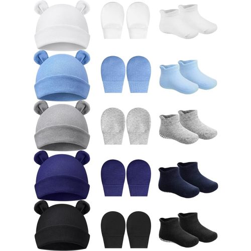 Geyoga Newborn Baby Hat Bear Ears Mittens and Socks Set for 0-6 Month