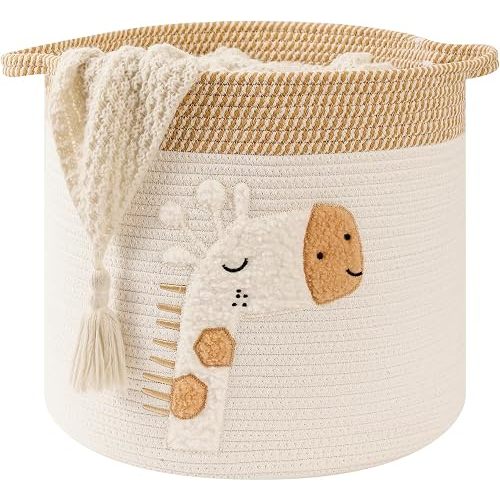 Large Blanket Baskets for Living Room Decor, Toy Storage Baskets 14" x 14" Woven Cotton Rope Basket for Kids, Dog Toys Organizer Clothes Hamper with Embroidery Decor for Nursery Laundry, Giraffe