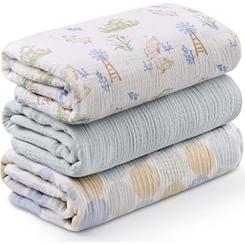 Muslin Swaddle Blankets for Newborn, 3 Pack Breathable Soft Receiving Blanket, Large 38 x 40 inches Swaddle Wrap Burping Clothes Diapers, Essentials Infant Shower Items, Toddler Gift (Cute Country)