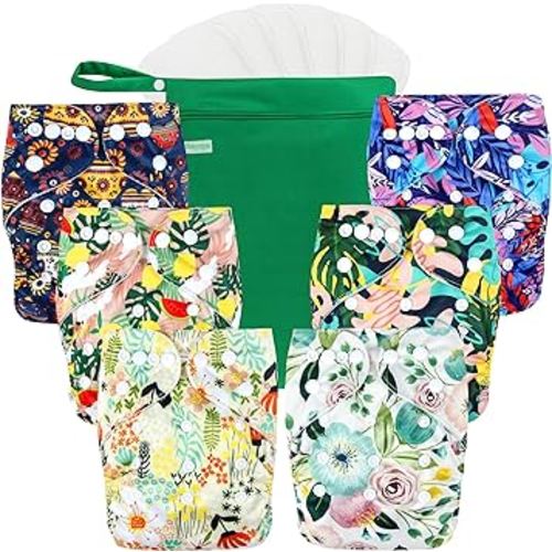 wegreeco Cloth Diapers 6 Pack with 6 Inserts & 1 Wet Bag, Washable Cloth Diapers for Babies, One Size Adjustable Reusable (Love, Flowers)