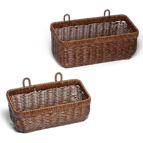 Hanging Wall Baskets, Brown Wicker Baskets for Garlic Ginger Eggs Onions Fruits, fit for Kitchen Living Room Garage Door Storage and Organizing (set of 2)