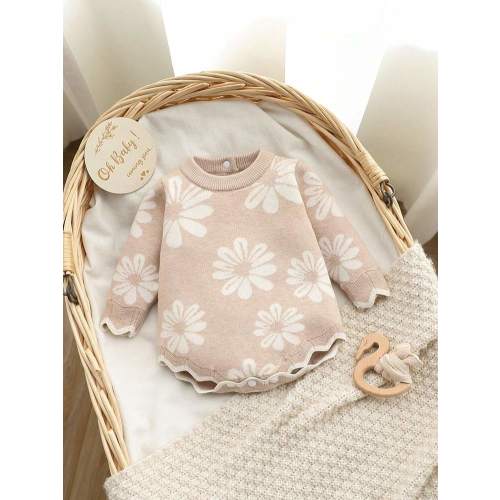 SHEIN Baby Girl Floral Jacquard Knite, Soft & Comfortable, Suitable For Spring/Autumn, Daily, Outdoor, Travel, Vacation, Home, Daycare, And Playtime New Born Baby Girl Clothes Winter Floral Baby Clothes Neutral Baby Clothes Unisex 2026 Daisy Outfit For Ba