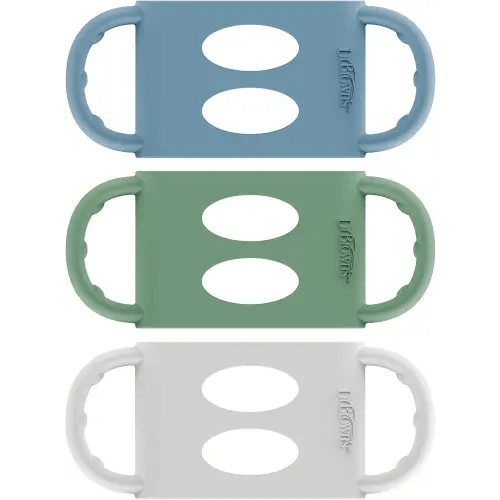 Dr. Brown's Wide-Neck Baby Bottle Handles, 100% Silicone, Easy Grip Removable Handles for Bottle to Sippy Cup Transition, Blue/Gray/Green, 3-Pack, 4m+