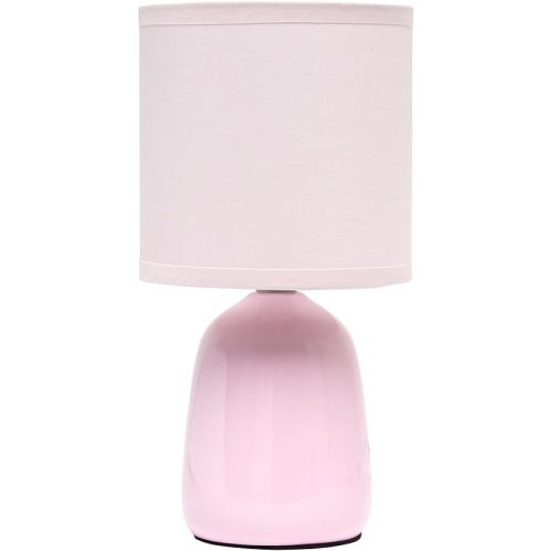 Simple Designs LT1134-LPK 10.04" Tall Traditional Ceramic Thimble Base Bedside Table Desk Lamp w Matching Fabric Shade for Home Decor, Nightstand, Bedroom, Living Room, Entryway, Office, Light Pink
