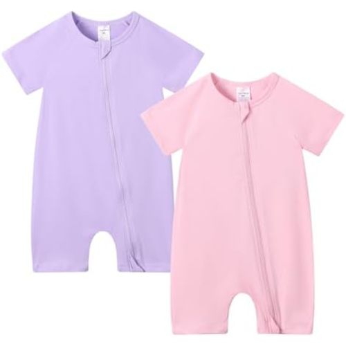 JunNeng 2 Pack Footless Long/Short Sleeve Baby Romper with Zipper Cotton Infant Sleepwear