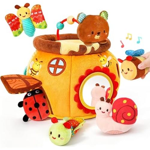 Baby Sensory Toy for 6-12 Months, Soft Honey Jar with 6 Stuffed Animal Toys