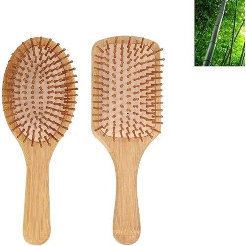 2 Pack Wooden Hair Brush, Natural Bamboo Hair Combs set, Bristle Detangling Hair Brush for Women, Men Reduce Frizz, Massage Scalp for Straight Curly Wavy Dry Wet Thick or Fine Hair
