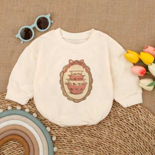 Vintage Teacups Baby Romper, Cottagecore Floral Outfit