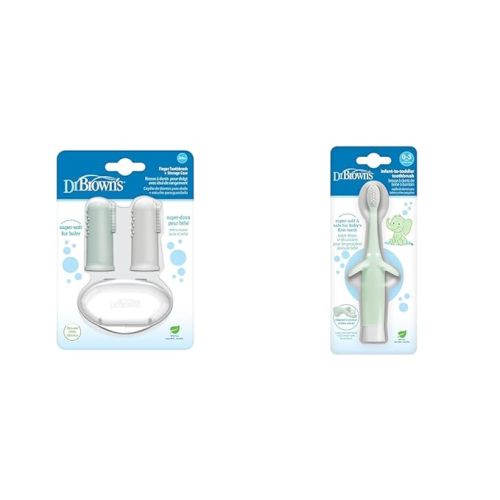 Dr. Brown's Silicone Finger Toothbrush for Baby with Travel-Storage Case, 3m+, Gray and Light Green & Infant-to-Toddler Toothbrush, Elephant, Mint, 0-3 Years