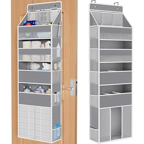 WISELIFE 5-Tier Over the Door Organizer for Hanging - 50LB Heavy-Duty Back of Door Organizer with 5 Spacious Pockets & 13 Mesh Pockets, Multipurpose Storage for Nursery, Bedroom, Closet(1 Pack, Gray)