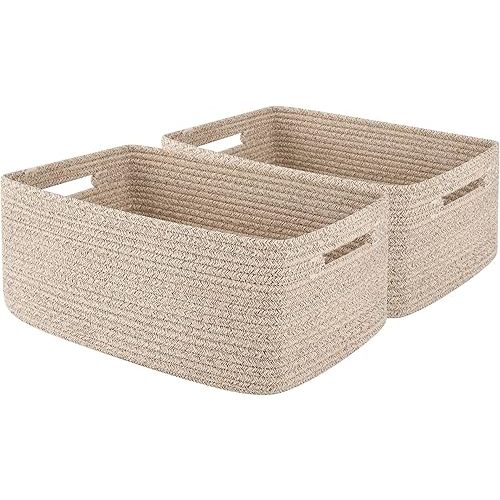 OIAHOMY Storage Basket for Shelves, Closet Cube Storage Bins Baskets for Clothes Blanket Towels, Baby Nursery, Toy Baskets Box, Woven Rope Basket, 15.75 * 11.81 * 7.09 IN, 2 Packs Brown