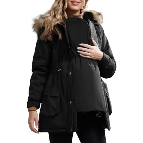 Maacie Maternity Winter Coat,3 In 1 Thickened Jacket,Fleece Lined Warm Hooded Outwear With Pockets
