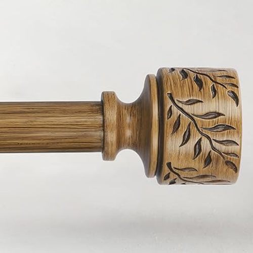Boho Wood Curtain Rods for Windows 48 to 84 Inch, 1" Adjustable Heavy Duty Curtain Rod with Imitation Wooden Grain Leaf Pattern Finials, Rustic Decorative Drapery Rods, Size 32"-90", Dark Wood