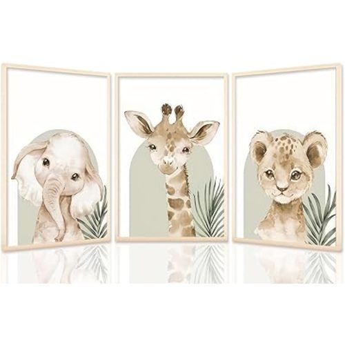 HNNXAR Nursery Canvas Wall Art Set Of 3 Baby Boy Girls Kids Room Picture Wall Decor Jungle Safari Lion Elephant Giraffe Poster Painting Cute Animal Prints For Children Toddlers Bedroom 12x16 Framed