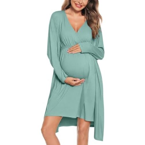 SWOMOG Women Maternity Nursing Gown and Robe Set 3 in 1 Labor Delivery Nursing Nightgown for Breastfeeding Hospital Bathrobe