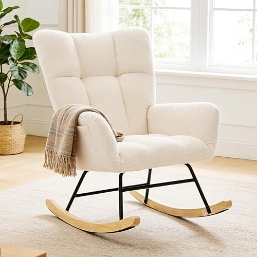 DUMOS Nursery Rocking Chair Teddy Upholstered, Comfy Glider Rocker with High Backrest Armchair Padded Seat, Accent Side Chair for Living Room Bedroom Offices Small Spaces Indoor, Beige