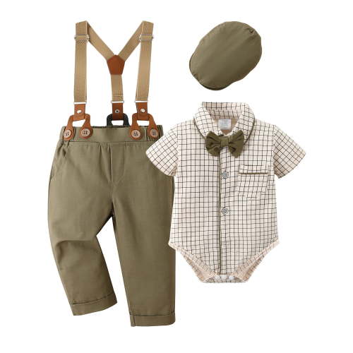 Baby Boy Clothes Suits 3-24 Months Plaid Shirt Wedding Formal Outfits Suspender Pants Bowtie Hat