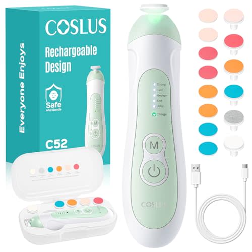COSLUS Rechargeable Baby Nail File: Cordless Baby Nail Trimmer Electric with 5 Speeds & 6 Grinding Heads for Baby Kid, CPC Certified and Quiet Design - Safe for Sleep Trim Buffer, C52, Green