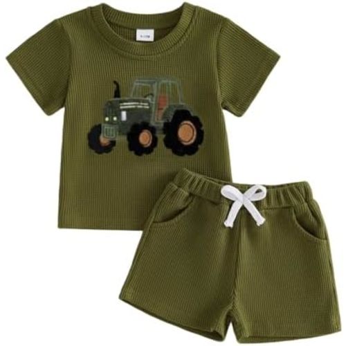 Yojeasrio Toddler Baby Boy Summer Outfits Knit Tractor Shirt Shorts 2Psc Set 12 18 Months Cute Waffle Little Boy Clothes 2 3T