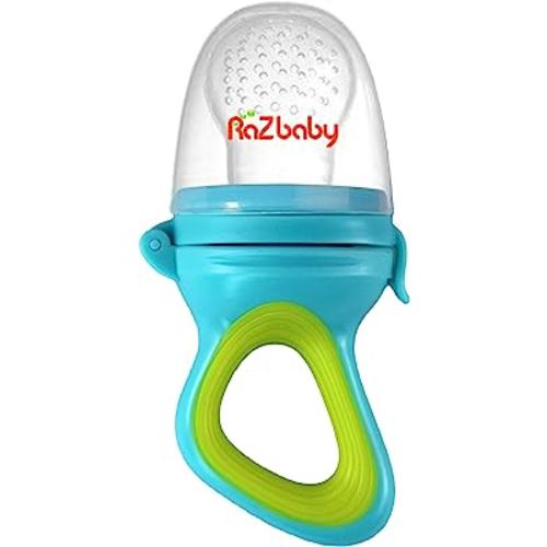 RaZbaby Baby Solids/Frozen Fruit Feeder Pacifier, Infant Teether Toy 6M+, BPA-Free Silicone Pouch & Nipple, Safely Introduce Solids, Natural Teething Relief, Dishwasher Safe, Freezable – Blue/Green