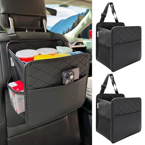 2 Pack Upgraded Car Seat Organizer Backseat with Storage Pockets, Multipurpose Car Organizer Hanging Car Trash Bag Premium PU Leather Garbage Can 2.14 Gallon Large Capacity Accessories Black