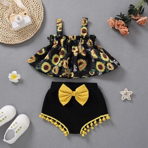 Baby Girl Sunflower Print Cami Top & Bow Shorts - hibobi