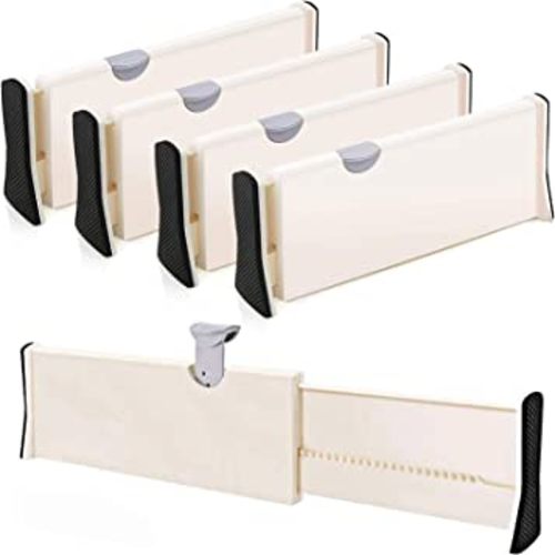 4-Pack Adjustable Drawer Dividers Organizer Separators - Good Grips Dresser Organizer - for Bedroom, Bathroom, Closet, Baby Drawer, Desk, Kitchen Storage