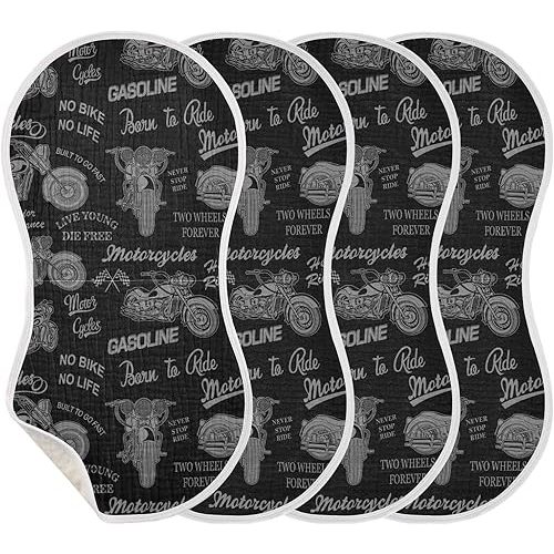 Motorcycle Muslin Burp Cloths for Baby Boys and Girls - 4-Pack Ultra Absorbent Muslin Washcloths, Newborn Towel, Milk Spit Up Rags, Burp Cloth Bib for Unisex, 22 x 11 Inch