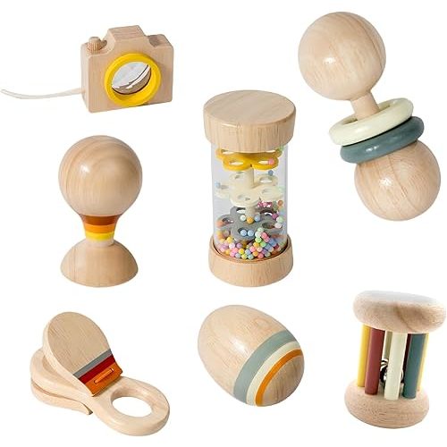 7 PCS Wooden Baby Toys Set - Organic Infant Rattles Newborns 0-6 Month & Montessori-Inspired Musical Instruments for 0-12 Month - Natural Toddler Developmental Toys