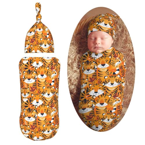 Funny Cute Tigers Newborn Swaddle Blankets Hat Sets Soft Baby Receiving Blanket Swaddle Sack for Baby Shower Infant Boy Girl Gift